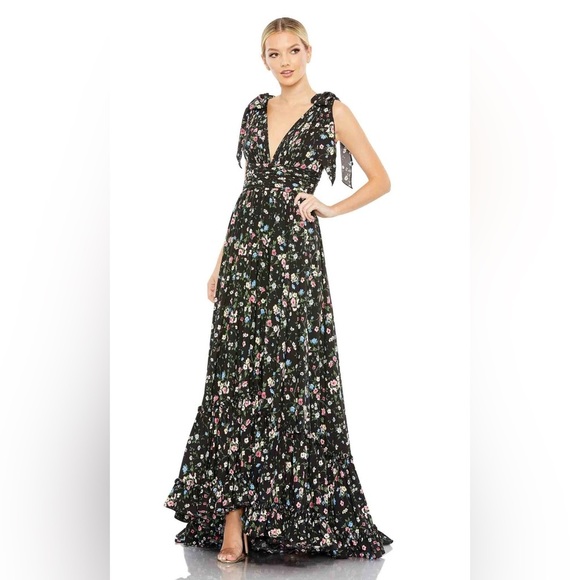 Mac Duggal 50657 NWT Floral Printed Bow Tie Detailed Ruched Waistband Dress - Picture 1 of 6